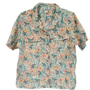 Duluth Trading Co Womens Shirt Top sz L Button Down Floral Hummingbird Pockets